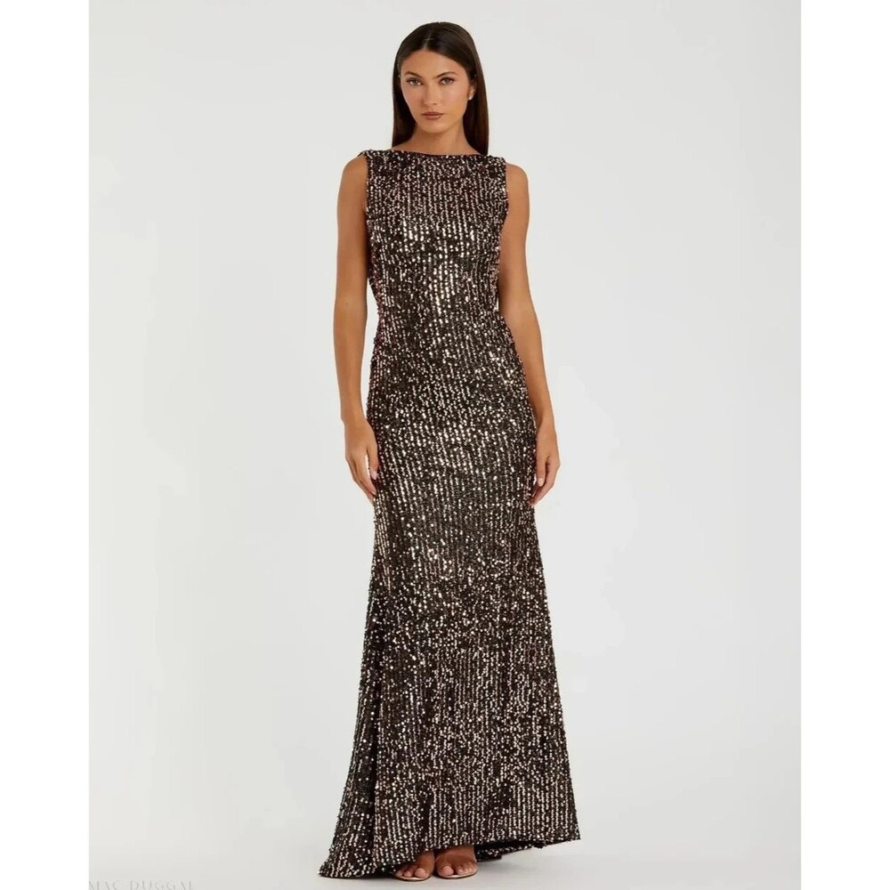 Mac Duggal Black Bronze Cowl Back Boat Neck Sequined Evening Gown 10 $398 26331